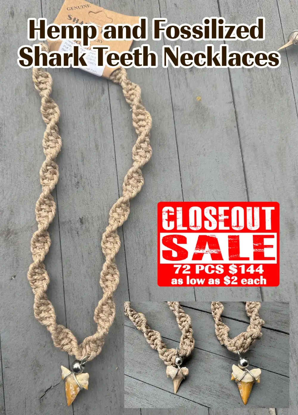 Wholesale Hemp and Fossilized Shark Teeth Necklaces 72 PCs